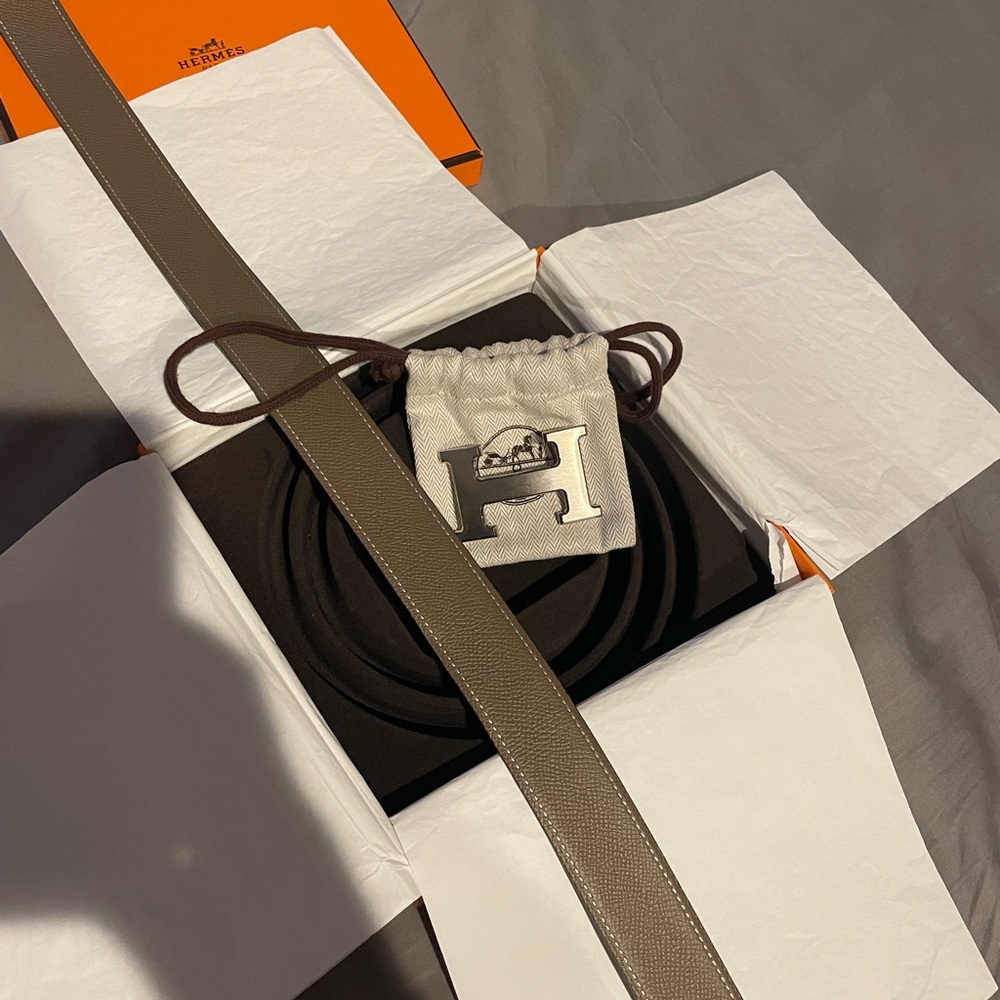 Authentic Hermes H belt reversible strap 32 MM noir/etaupe